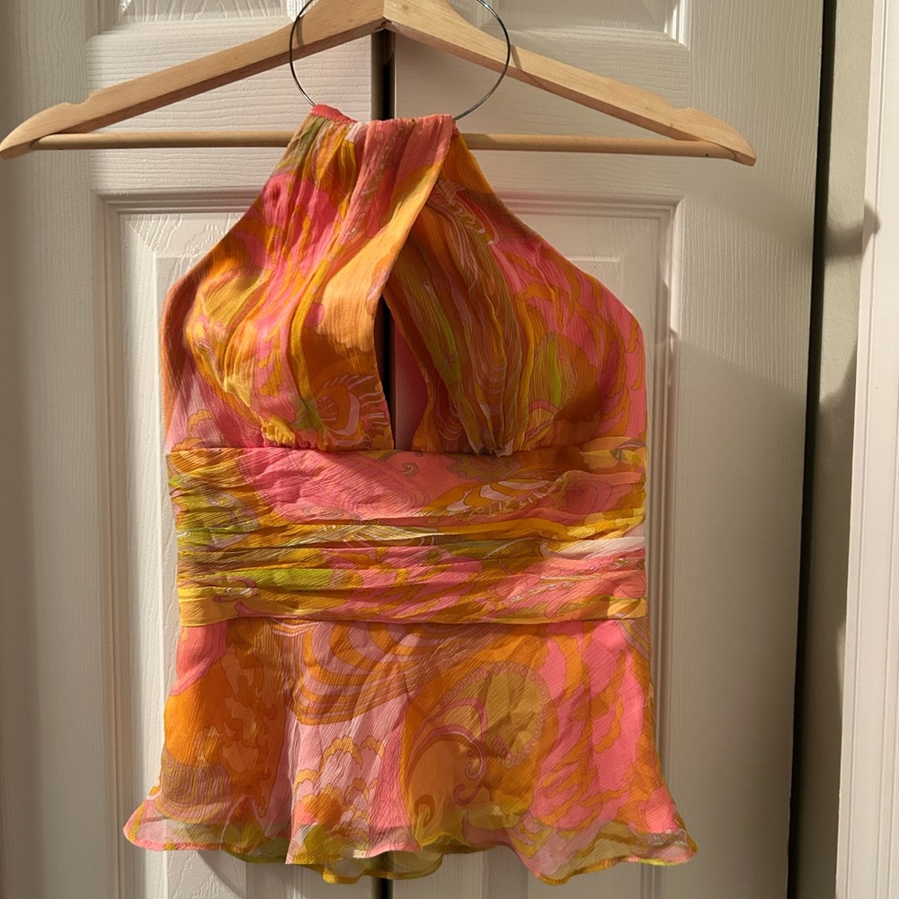 Laundry By Shelli Segal Pink and Orange Halter Cut Out Top